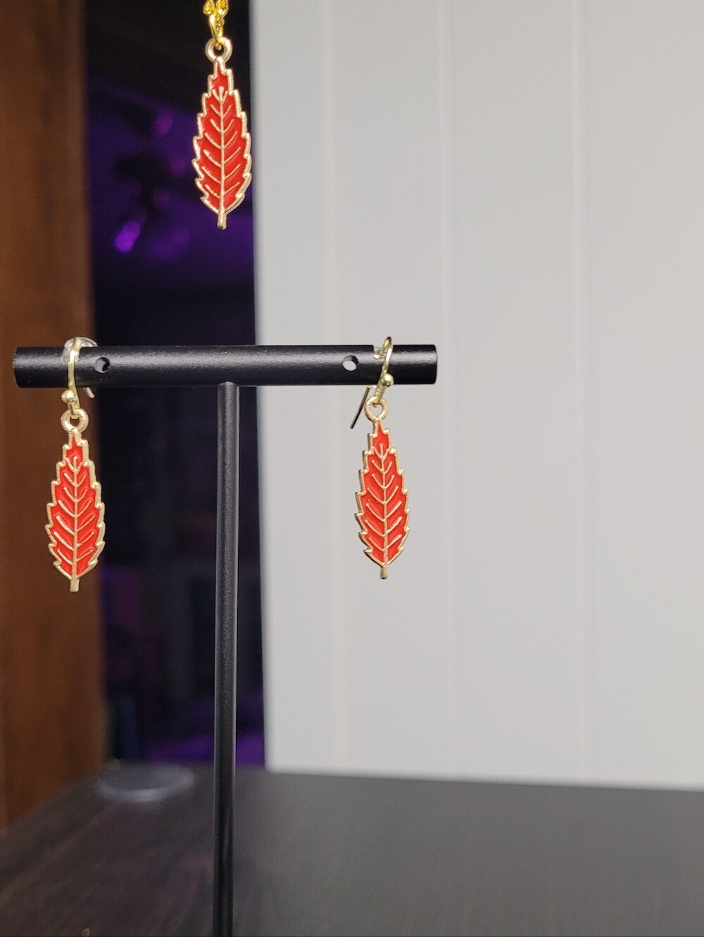 Hand Crafted Red Enamel Leaf Drop Earrings
